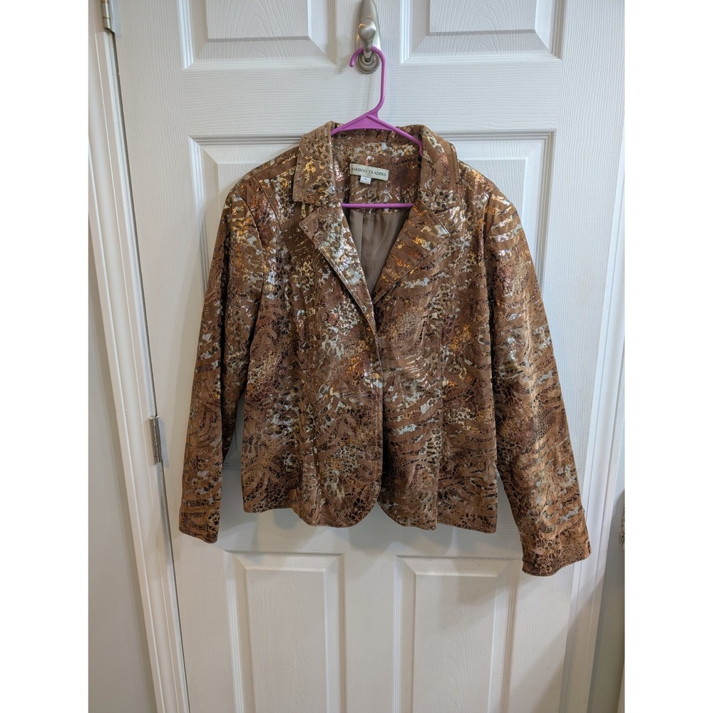 Bamboo Traders Women's Brown Gold Animal Print Blazer‎ Jacket - Size XL